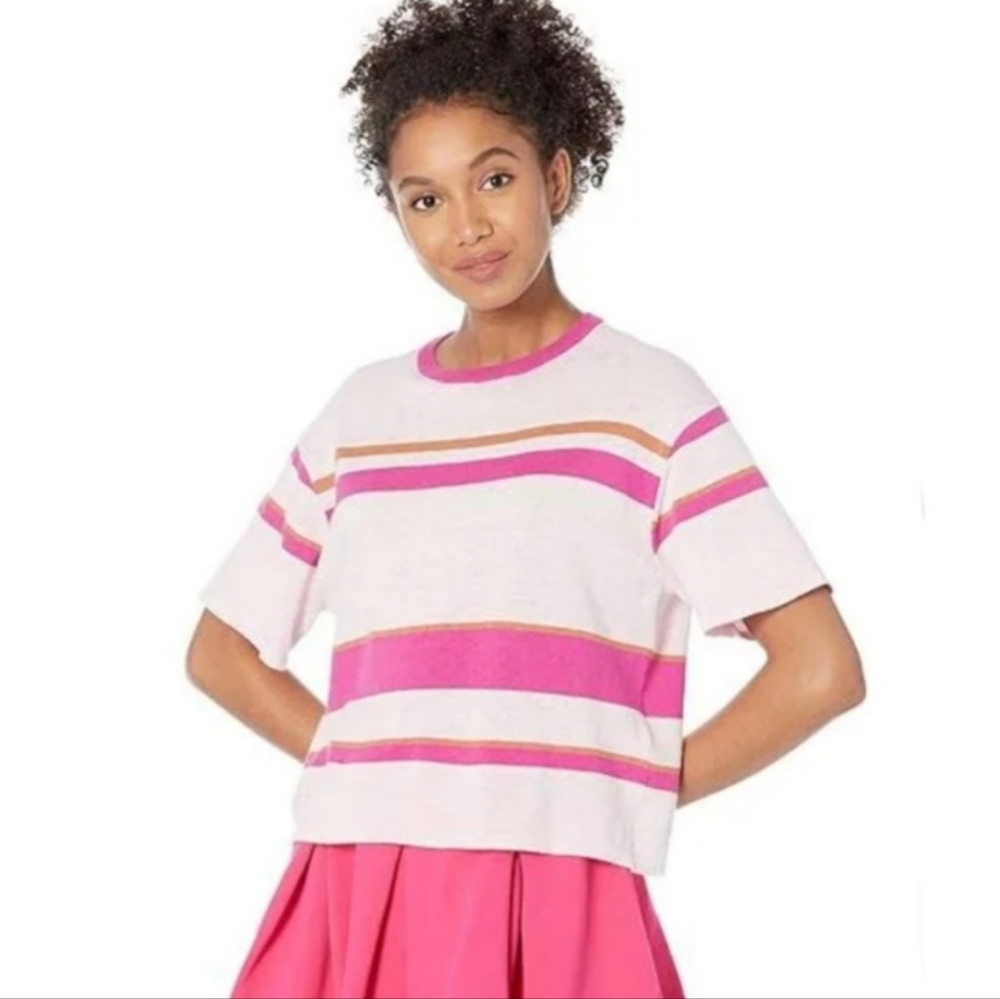 MONROW Ex-boyfriend crewneck sweater tee-pink stripe eco friendly size MED